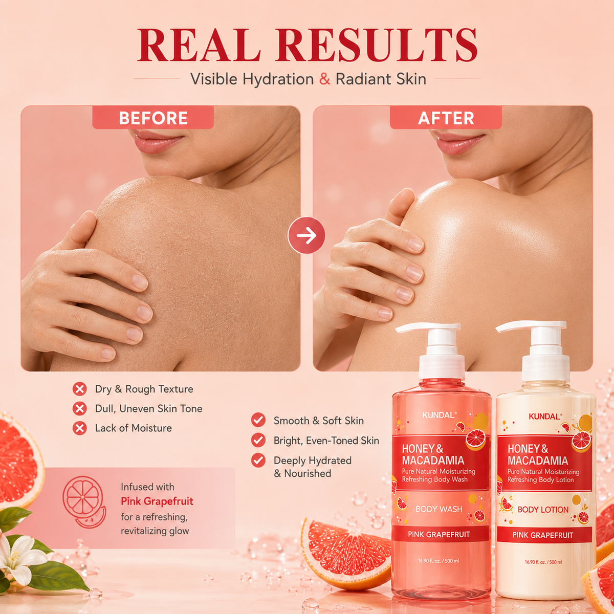 KUNDAL Pink Grapefruit Edition - Honey & Macadamia Body Wash 500ml & Lotion 500ml - Pink Grapefruit