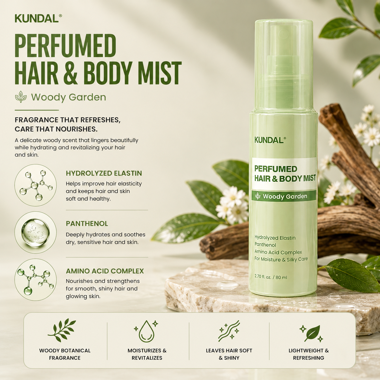 KUNDAL Hair & Body Mist 80ml - Woody Garden
