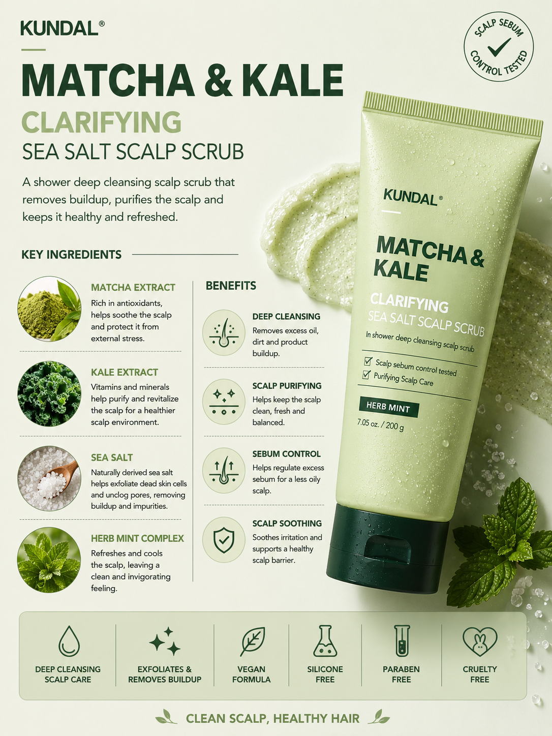 KUNDAL Matcha & Kale Clarifying Sea Salt Scalp Scrub 200g - Herb Mint