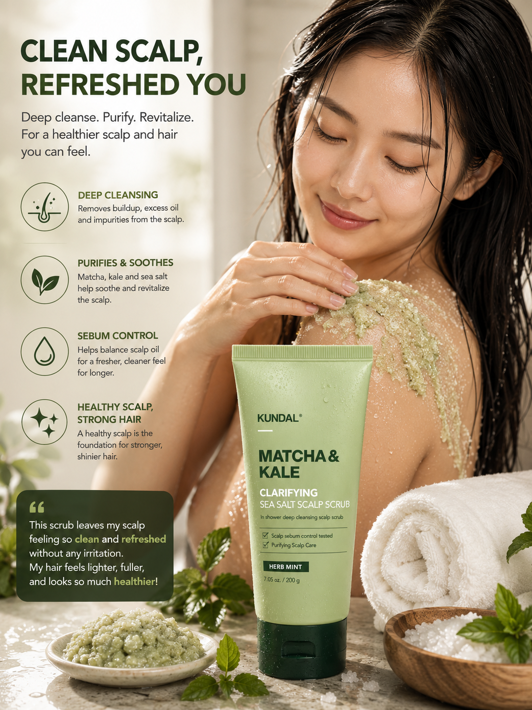 KUNDAL Matcha & Kale Clarifying Sea Salt Scalp Scrub 200g - Herb Mint