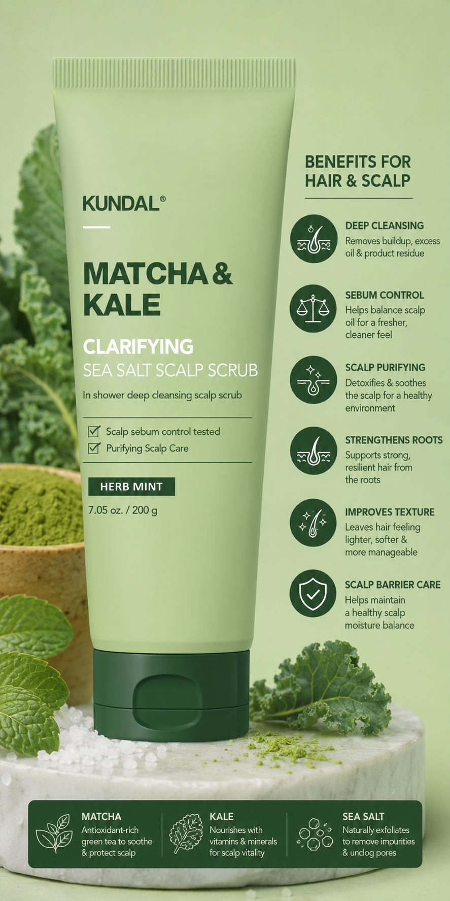 KUNDAL Matcha & Kale Clarifying Sea Salt Scalp Scrub 200g - Herb Mint