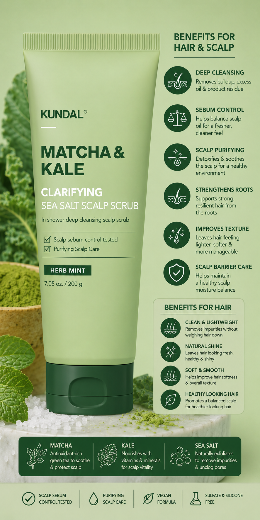 KUNDAL Matcha & Kale Clarifying Sea Salt Scalp Scrub 200g - Herb Mint