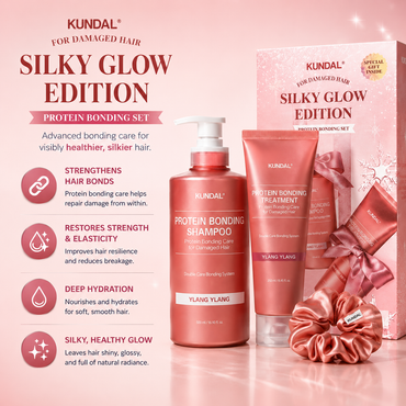 KUNDAL Holiday Silk Glow Edition - Protein Bonding Care Shampoo 500ml + Treatment 250ml + Hair Scrunchie - Ylang Ylang